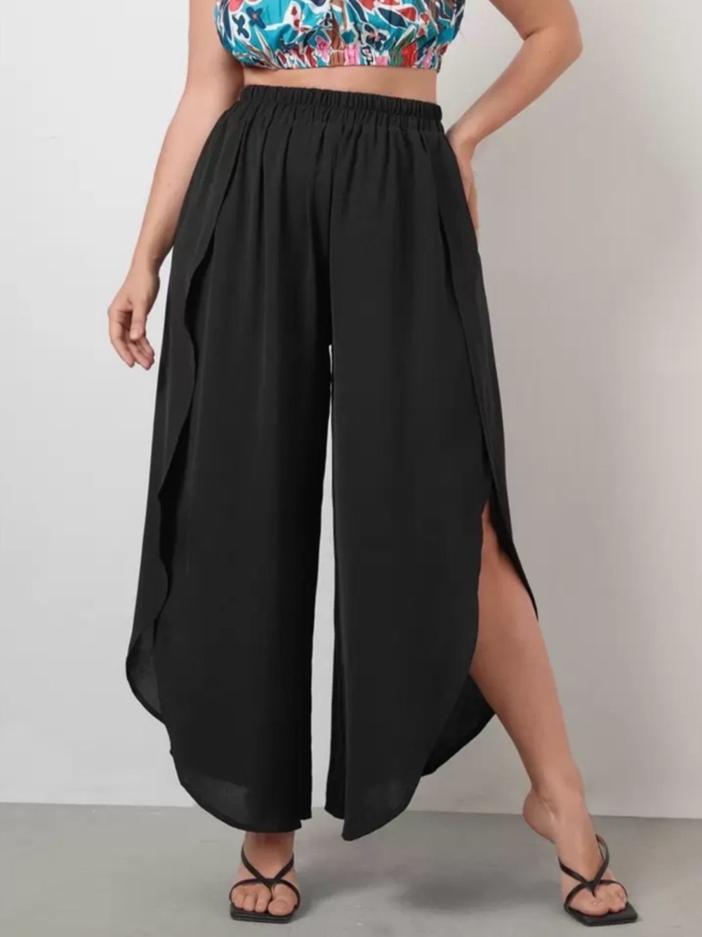 Elastic-Waist Black Split Wide-Leg Pants